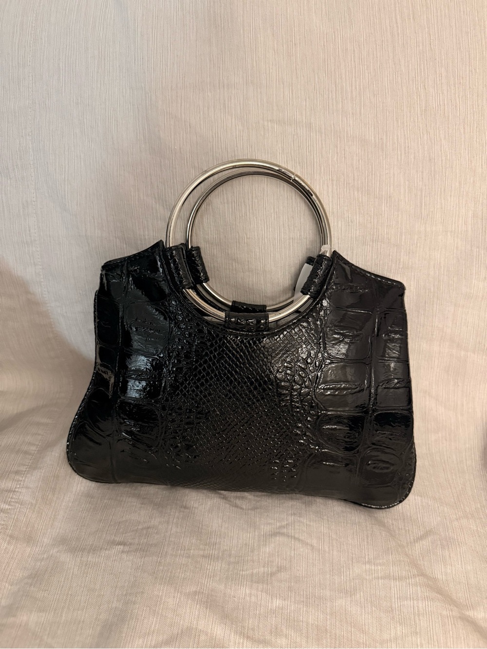 Black Croc-Embossed Mini Bag with Silver Ring Handles